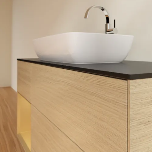 VILLEROY BOCH Toaletní skříňka Finion, s osvětlením, 3 výsuvy, 1200 x 603 x 501 mm, dubová dýha / zlatý matný lak / černé matné sklo #F822HFPC, obrázek 6