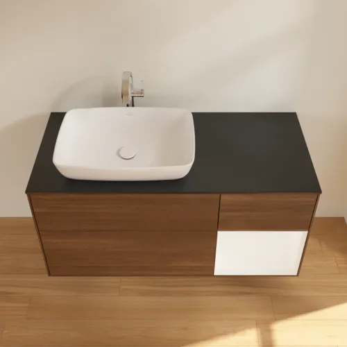 VILLEROY BOCH Toaletní skříňka Finion, s osvětlením, 3 výsuvy, 1200 x 603 x 501 mm, ořechová dýha / bílý matný lak / černé matné sklo #F812MTGN, obrázek 4