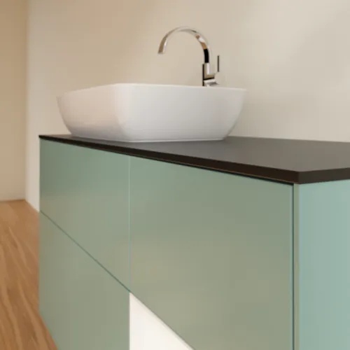 VILLEROY BOCH Toaletní skříňka Finion, s osvětlením, 3 výsuvy, 1200 x 603 x 501 mm, olivový matný lak / bílý matný lak / černé matné sklo #F812MTGM, obrázek 6