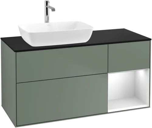 VILLEROY BOCH Toaletní skříňka Finion, s osvětlením, 3 výsuvy, 1200 x 603 x 501 mm, olivový matný lak / bílý matný lak / černé matné sklo #F812MTGM, obrázek 1