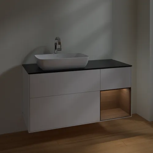 VILLEROY BOCH Toaletní skříňka Finion, s osvětlením, 3 výsuvy, 1200 x 603 x 501 mm, bílý matný lak / ořechová dýha / černé matné sklo #F812GNMT, obrázek 5