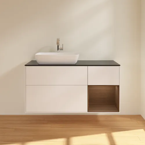 VILLEROY BOCH Toaletní skříňka Finion, s osvětlením, 3 výsuvy, 1200 x 603 x 501 mm, bílý matný lak / ořechová dýha / černé matné sklo #F812GNMT, obrázek 3