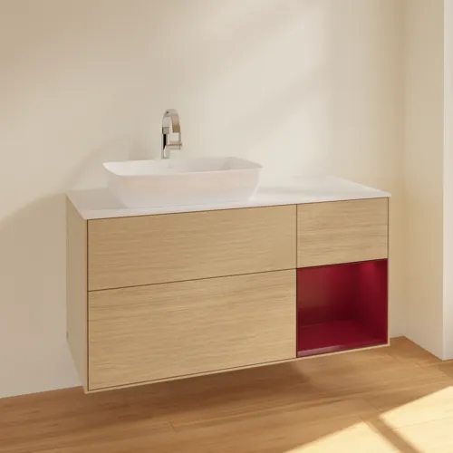 VILLEROY BOCH Toaletní skříňka Finion, s osvětlením, 3 výsuvy, 1200 x 603 x 501 mm, dubová dýha / matný lak Pivoňka / matné bílé sklo #F811HBPC, obrázek 2