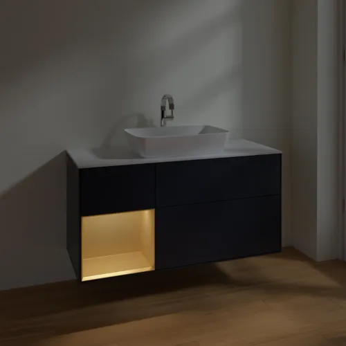 VILLEROY BOCH Toaletní skříňka Finion, s osvětlením, 3 výsuvy, 1200 x 603 x 501 mm, Midnight Blue Matt Lacquer / Gold Matt Lacquer / Glass White Matt #F821HFHG, obrázek 5