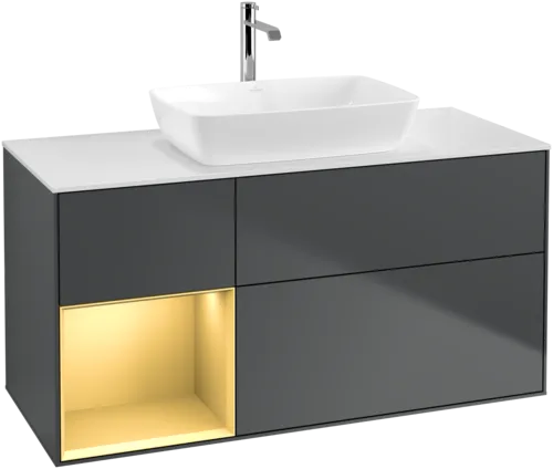 VILLEROY BOCH Toaletní skříňka Finion, s osvětlením, 3 výsuvy, 1200 x 603 x 501 mm, Midnight Blue Matt Lacquer / Gold Matt Lacquer / Glass White Matt #F821HFHG, obrázek 1