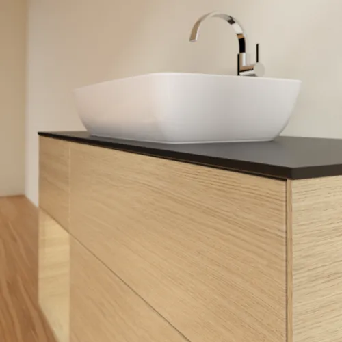 VILLEROY BOCH Toaletní stolek Finion, s osvětlením, 3 výsuvy, 1200 x 603 x 501 mm, dubová dýha / dubová dýha / sklo černé matné #F822PCPC, obrázek 6