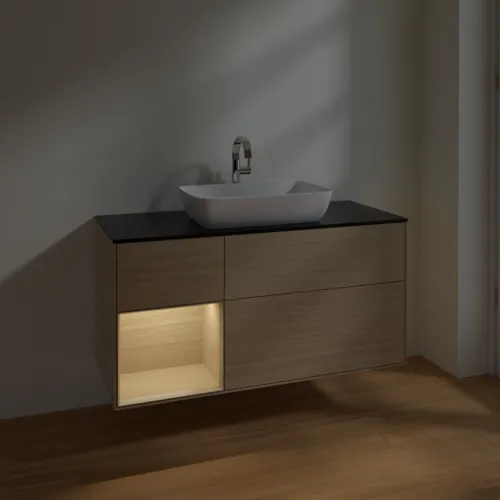 VILLEROY BOCH Toaletní stolek Finion, s osvětlením, 3 výsuvy, 1200 x 603 x 501 mm, dubová dýha / dubová dýha / sklo černé matné #F822PCPC, obrázek 5