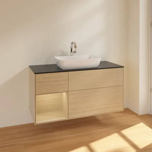 VILLEROY BOCH Toaletní stolek Finion, s osvětlením, 3 výsuvy, 1200 x 603 x 501 mm, dubová dýha / dubová dýha / sklo černé matné #F822PCPC, obrázek 2