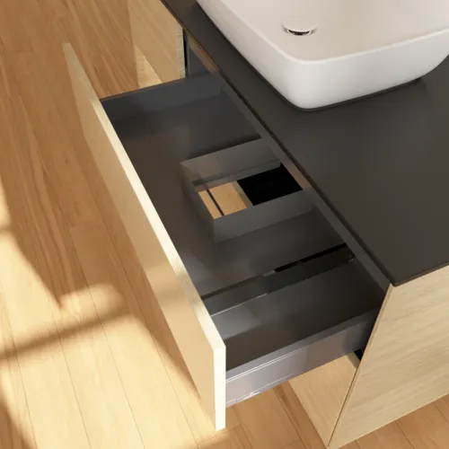 VILLEROY BOCH Toaletní stolek Finion, s osvětlením, 3 výsuvy, 1200 x 603 x 501 mm, dubová dýha / dubová dýha / sklo černé matné #F822PCPC, obrázek 8