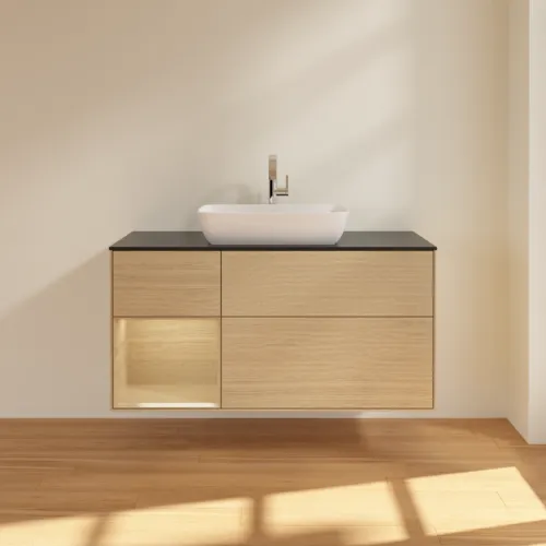 VILLEROY BOCH Toaletní stolek Finion, s osvětlením, 3 výsuvy, 1200 x 603 x 501 mm, dubová dýha / dubová dýha / sklo černé matné #F822PCPC, obrázek 3