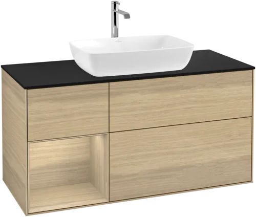 VILLEROY BOCH Toaletní stolek Finion, s osvětlením, 3 výsuvy, 1200 x 603 x 501 mm, dubová dýha / dubová dýha / sklo černé matné #F822PCPC
