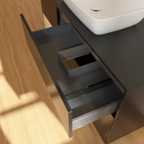 VILLEROY BOCH Toaletní skříňka Finion, s osvětlením, 3 výsuvy, 1200 x 603 x 501 mm, černý matný lak / dubová dýha / černé matné sklo #F822PCPD, obrázek 8