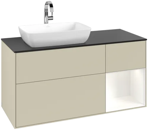 VILLEROY BOCH Toaletní skříňka Finion, s osvětlením, 3 výsuvy, 1200 x 603 x 501 mm, Silk Grey Matt Lacquer / White Matt Lacquer / Glass Black Matt #F812MTHJ