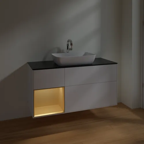 VILLEROY BOCH Toaletní skříňka Finion, s osvětlením, 3 výsuvy, 1200 x 603 x 501 mm, bílý matný lak / zlatý matný lak / černé matné sklo #F822HFMT, obrázek 5
