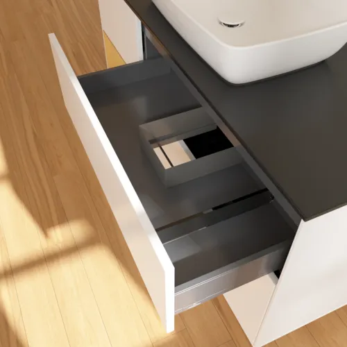 VILLEROY BOCH Toaletní skříňka Finion, s osvětlením, 3 výsuvy, 1200 x 603 x 501 mm, bílý matný lak / zlatý matný lak / černé matné sklo #F822HFMT, obrázek 8