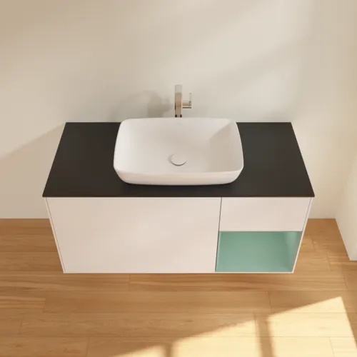 VILLEROY BOCH Toaletní skříňka Finion, s osvětlením, 3 výsuvy, 1200 x 603 x 501 mm, bílý matný lak / olivový matný lak / černé matné sklo #F832GMMT, obrázek 4