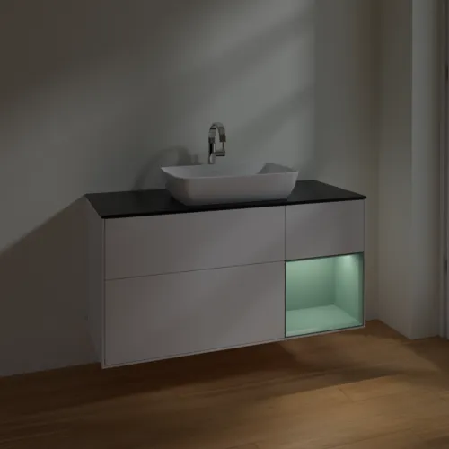 VILLEROY BOCH Toaletní skříňka Finion, s osvětlením, 3 výsuvy, 1200 x 603 x 501 mm, bílý matný lak / olivový matný lak / černé matné sklo #F832GMMT, obrázek 5
