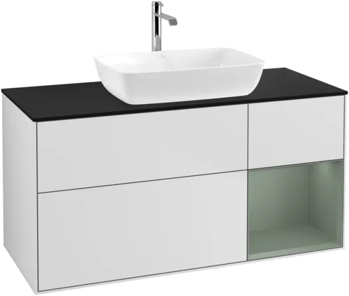 VILLEROY BOCH Toaletní skříňka Finion, s osvětlením, 3 výsuvy, 1200 x 603 x 501 mm, bílý matný lak / olivový matný lak / černé matné sklo #F832GMMT, obrázek 1