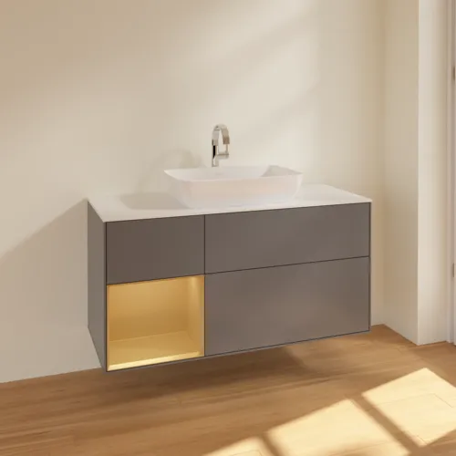 VILLEROY BOCH Toaletní skříňka Finion, s osvětlením, 3 výsuvy, 1200 x 603 x 501 mm, antracitový matný lak / zlatý matný lak / bílé matné sklo #F821HFGK, obrázek 2