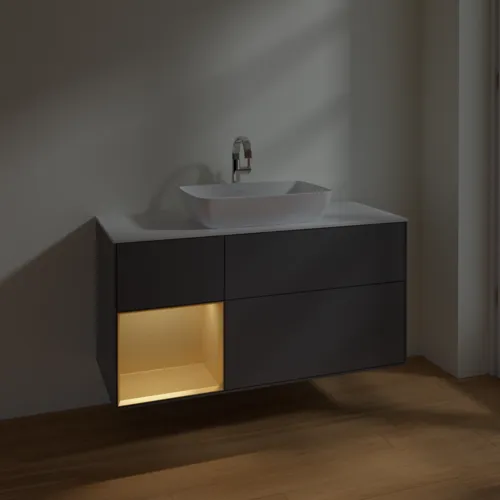 VILLEROY BOCH Toaletní skříňka Finion, s osvětlením, 3 výsuvy, 1200 x 603 x 501 mm, antracitový matný lak / zlatý matný lak / bílé matné sklo #F821HFGK, obrázek 5