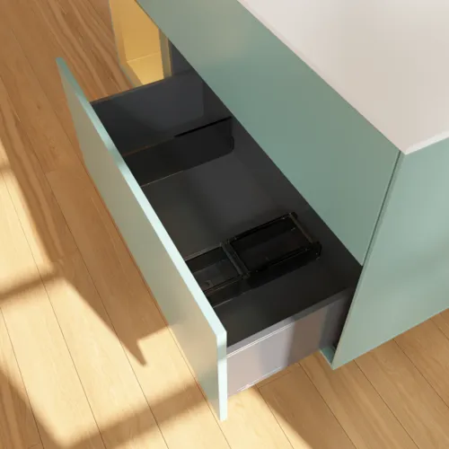 VILLEROY BOCH Toaletní skříňka Finion, s osvětlením, 3 výsuvy, 1200 x 603 x 501 mm, olivový matný lak / zlatý matný lak / bílé matné sklo #F821HFGM, obrázek 7