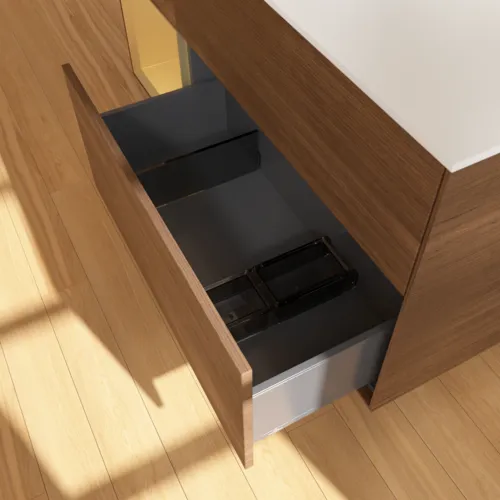 VILLEROY BOCH Toaletní skříňka Finion, s osvětlením, 3 výsuvy, 1200 x 603 x 501 mm, ořechová dýha / zlatý matný lak / sklo bílé matné #F821HFGN, obrázek 7
