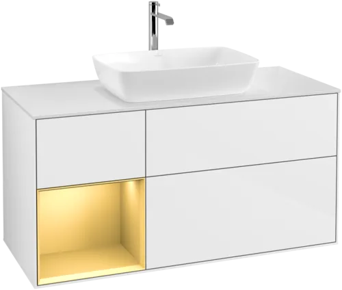 VILLEROY BOCH Toaletní skříňka Finion, s osvětlením, 3 výsuvy, 1200 x 603 x 501 mm, lesklý bílý lak / zlatý matný lak / bílé matné sklo #F821HFGF, obrázek 1