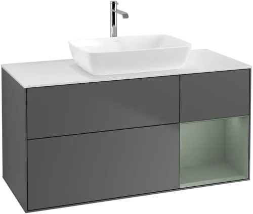VILLEROY BOCH Toaletní skříňka Finion, s osvětlením, 3 výsuvy, 1200 x 603 x 501 mm, antracitový matný lak / olivový matný lak / bílé matné sklo #F831GMGK