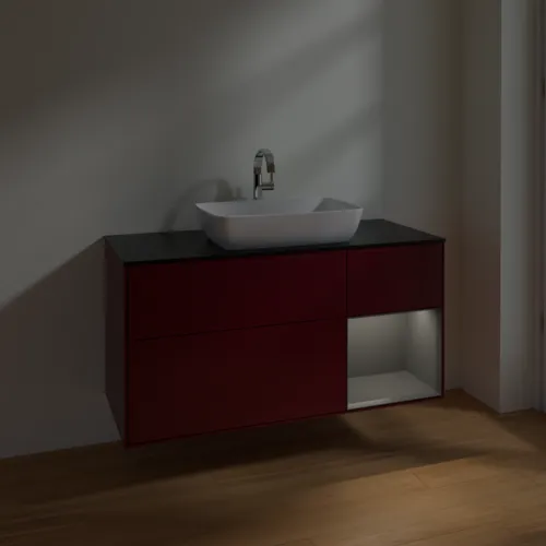 VILLEROY BOCH Toaletní skříňka Finion, s osvětlením, 3 výsuvy, 1200 x 603 x 501 mm, Pivoňka matný lak / Antracit matný lak / Sklo černé matné #F832GKHB, obrázek 5