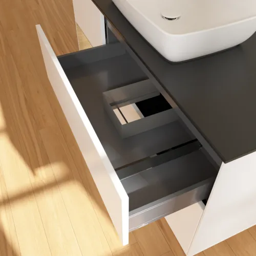 VILLEROY BOCH Toaletní skříňka Finion, s osvětlením, 3 výsuvy, 1200 x 603 x 501 mm, bílý matný lak / dubová dýha / černé matné sklo #F822PCMT, obrázek 8
