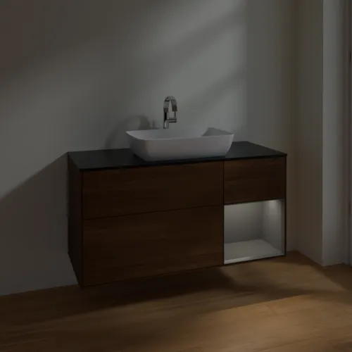 VILLEROY BOCH Toaletní skříňka Finion, s osvětlením, 3 výsuvy, 1200 x 603 x 501 mm, ořechová dýha / antracitový matný lak / černé matné sklo #F832GKGN, obrázek 5