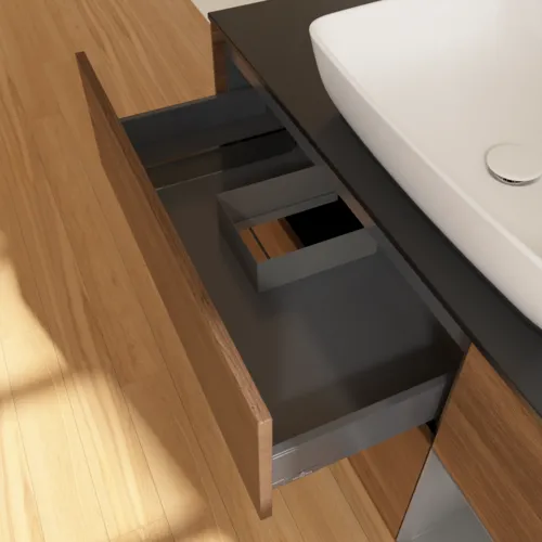 VILLEROY BOCH Toaletní skříňka Finion, s osvětlením, 3 výsuvy, 1200 x 603 x 501 mm, ořechová dýha / antracitový matný lak / černé matné sklo #F832GKGN, obrázek 8