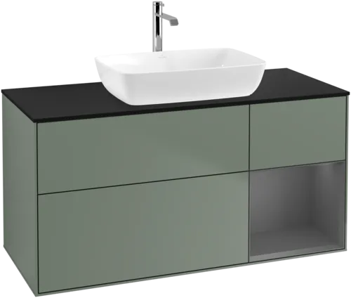 VILLEROY BOCH Toaletní skříňka Finion, s osvětlením, 3 výsuvy, 1200 x 603 x 501 mm, olivový matný lak / antracitový matný lak / černé matné sklo #F832GKGM, obrázek 1