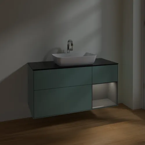 VILLEROY BOCH Toaletní skříňka Finion, s osvětlením, 3 výsuvy, 1200 x 603 x 501 mm, olivový matný lak / antracitový matný lak / černé matné sklo #F832GKGM, obrázek 5