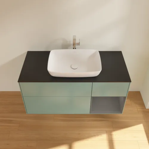 VILLEROY BOCH Toaletní skříňka Finion, s osvětlením, 3 výsuvy, 1200 x 603 x 501 mm, olivový matný lak / antracitový matný lak / černé matné sklo #F832GKGM, obrázek 4