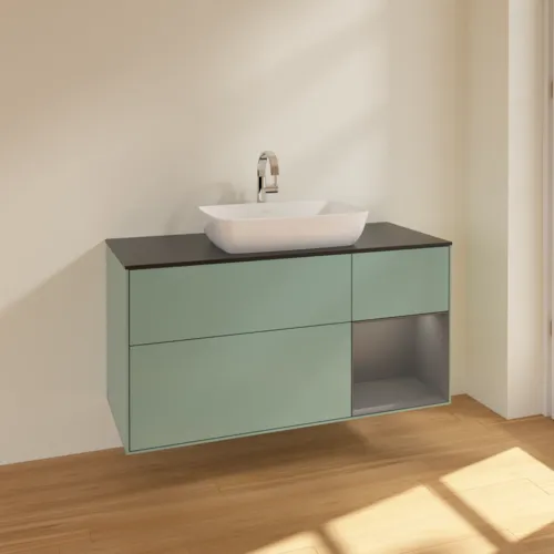 VILLEROY BOCH Toaletní skříňka Finion, s osvětlením, 3 výsuvy, 1200 x 603 x 501 mm, olivový matný lak / antracitový matný lak / černé matné sklo #F832GKGM, obrázek 2