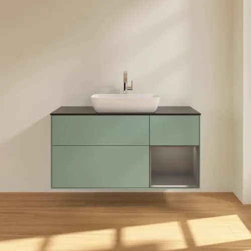 VILLEROY BOCH Toaletní skříňka Finion, s osvětlením, 3 výsuvy, 1200 x 603 x 501 mm, olivový matný lak / antracitový matný lak / černé matné sklo #F832GKGM, obrázek 3