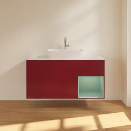 VILLEROY BOCH Toaletní skříňka Finion, s osvětlením, 3 výsuvy, 1200 x 603 x 501 mm, Pivoňka matný lak / Olivový matný lak / Sklo bílé matné #F831GMHB, obrázek 3