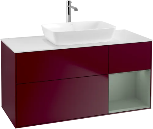 VILLEROY BOCH Toaletní skříňka Finion, s osvětlením, 3 výsuvy, 1200 x 603 x 501 mm, Pivoňka matný lak / Olivový matný lak / Sklo bílé matné #F831GMHB