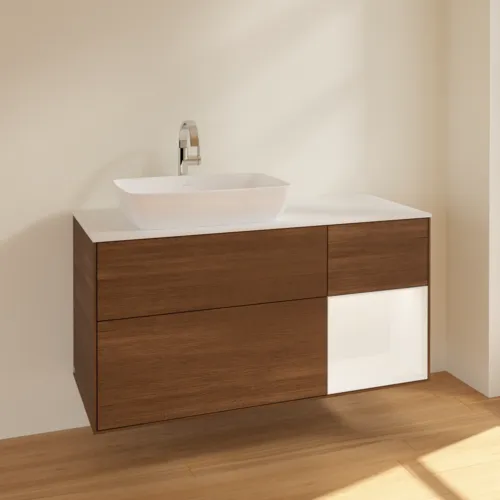 VILLEROY BOCH Toaletní skříňka Finion, s osvětlením, 3 výsuvy, 1200 x 603 x 501 mm, ořechová dýha / bílý matný lak / bílé matné sklo #F811MTGN, obrázek 2