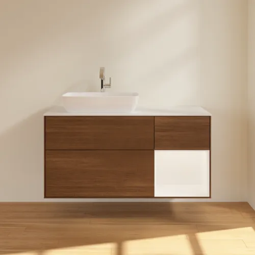 VILLEROY BOCH Toaletní skříňka Finion, s osvětlením, 3 výsuvy, 1200 x 603 x 501 mm, ořechová dýha / bílý matný lak / bílé matné sklo #F811MTGN, obrázek 3