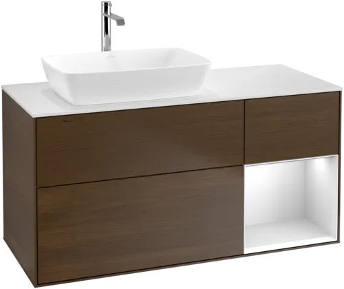 VILLEROY BOCH Toaletní skříňka Finion, s osvětlením, 3 výsuvy, 1200 x 603 x 501 mm, ořechová dýha / bílý matný lak / bílé matné sklo #F811MTGN