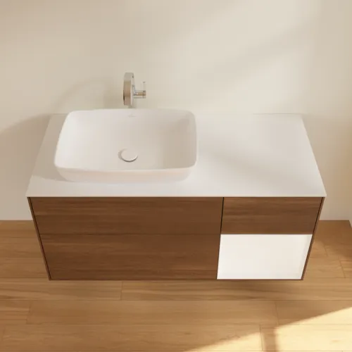 VILLEROY BOCH Toaletní skříňka Finion, s osvětlením, 3 výsuvy, 1200 x 603 x 501 mm, ořechová dýha / bílý matný lak / bílé matné sklo #F811MTGN, obrázek 4