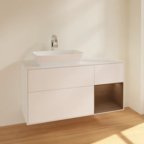 VILLEROY BOCH Toaletní skříňka Finion, s osvětlením, 3 výsuvy, 1200 x 603 x 501 mm, bílý matný lak / ořechová dýha / sklo bílé matné #F811GNMT, obrázek 2