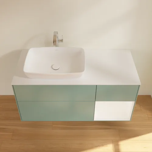 VILLEROY BOCH Toaletní skříňka Finion, s osvětlením, 3 výsuvy, 1200 x 603 x 501 mm, olivový matný lak / bílý matný lak / bílé matné sklo #F811MTGM, obrázek 4