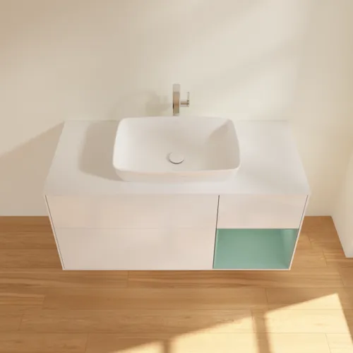VILLEROY BOCH Toaletní skříňka Finion, s osvětlením, 3 výsuvy, 1200 x 603 x 501 mm, lesklý bílý lak / olivově matný lak / sklo bílé matné #F831GMGF, obrázek 4