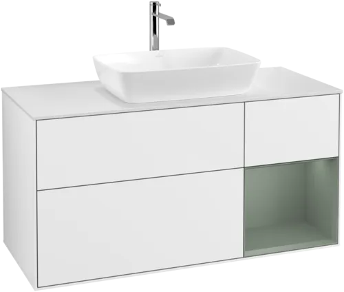VILLEROY BOCH Toaletní skříňka Finion, s osvětlením, 3 výsuvy, 1200 x 603 x 501 mm, lesklý bílý lak / olivově matný lak / sklo bílé matné #F831GMGF