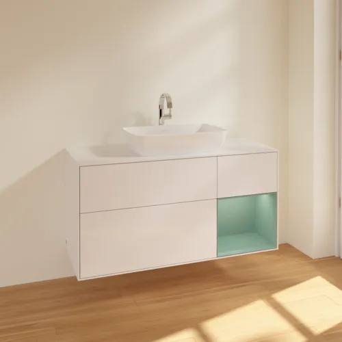 VILLEROY BOCH Toaletní skříňka Finion, s osvětlením, 3 výsuvy, 1200 x 603 x 501 mm, lesklý bílý lak / olivově matný lak / sklo bílé matné #F831GMGF, obrázek 2