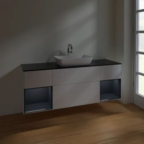 VILLEROY BOCH Toaletní skříňka Finion, s osvětlením, 4 výsuvy, 1600 x 603 x 501 mm, bílý matný lak / půlnoční modrý matný lak / černé matné sklo #F862HGMT, obrázek 5