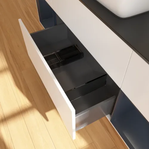 VILLEROY BOCH Toaletní skříňka Finion, s osvětlením, 4 výsuvy, 1600 x 603 x 501 mm, bílý matný lak / půlnoční modrý matný lak / černé matné sklo #F862HGMT, obrázek 7